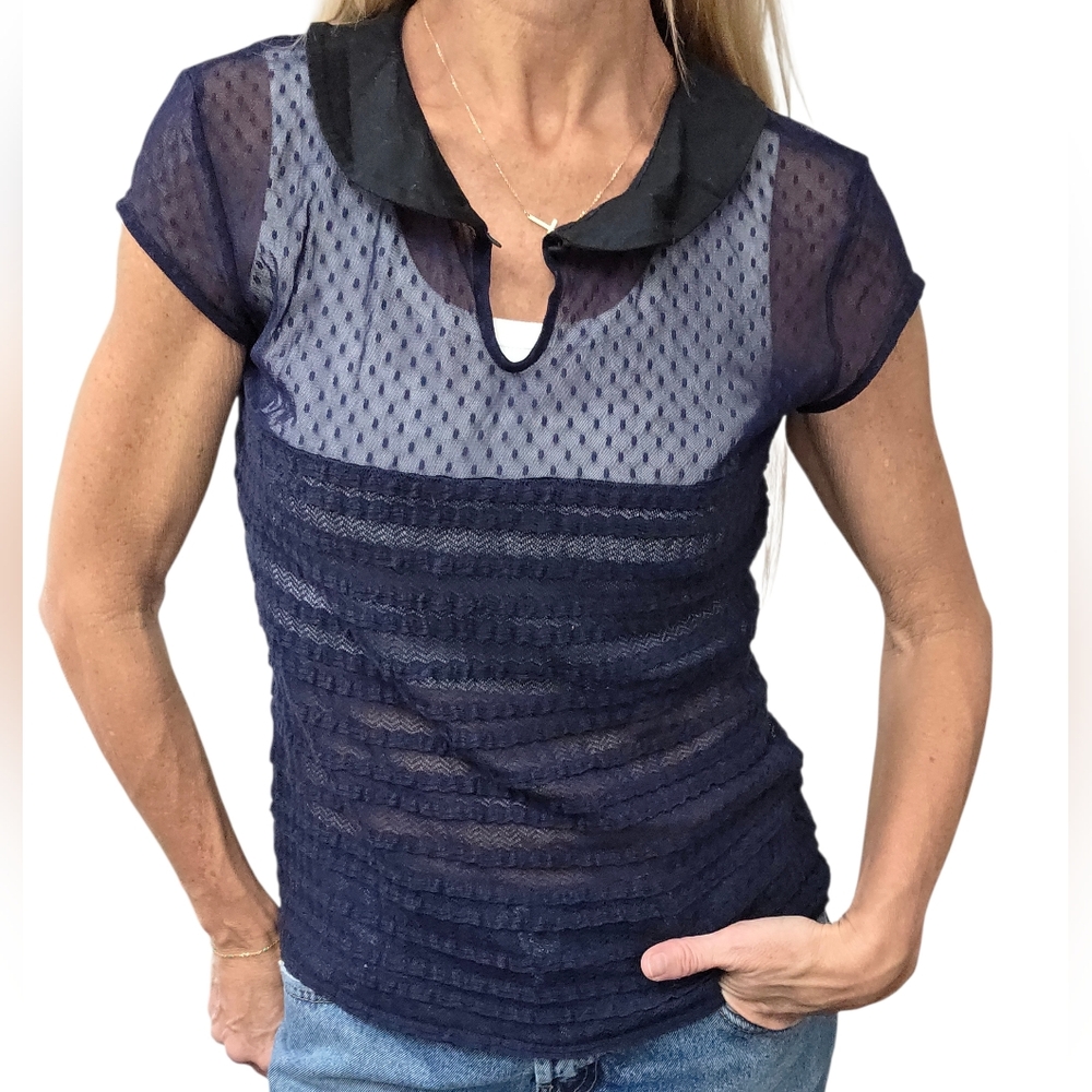 Free People Navy Sheer Lace Top Peter Pan Collar Keyhole Romantic Boho Blouse